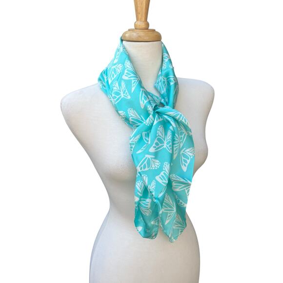 Llardo 100% Silk Scarf Blue Teal Butterflies 33” x 32.5” Classy Old Money Preppy - Picture 2 of 5